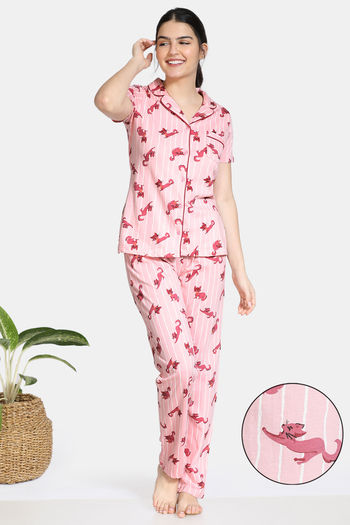 Zivame Bob Berry Knit Cotton Pyjama Set Powder Pink